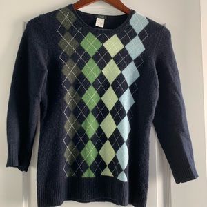 J. Crew Argyle 3/4 Sleeve 100% Cashmere Sweater